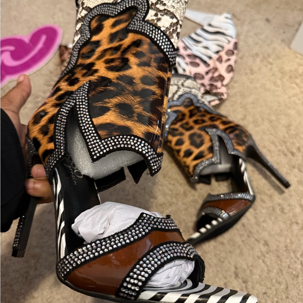 Leopard Print Stiletto Heels with Rhinestone Accents